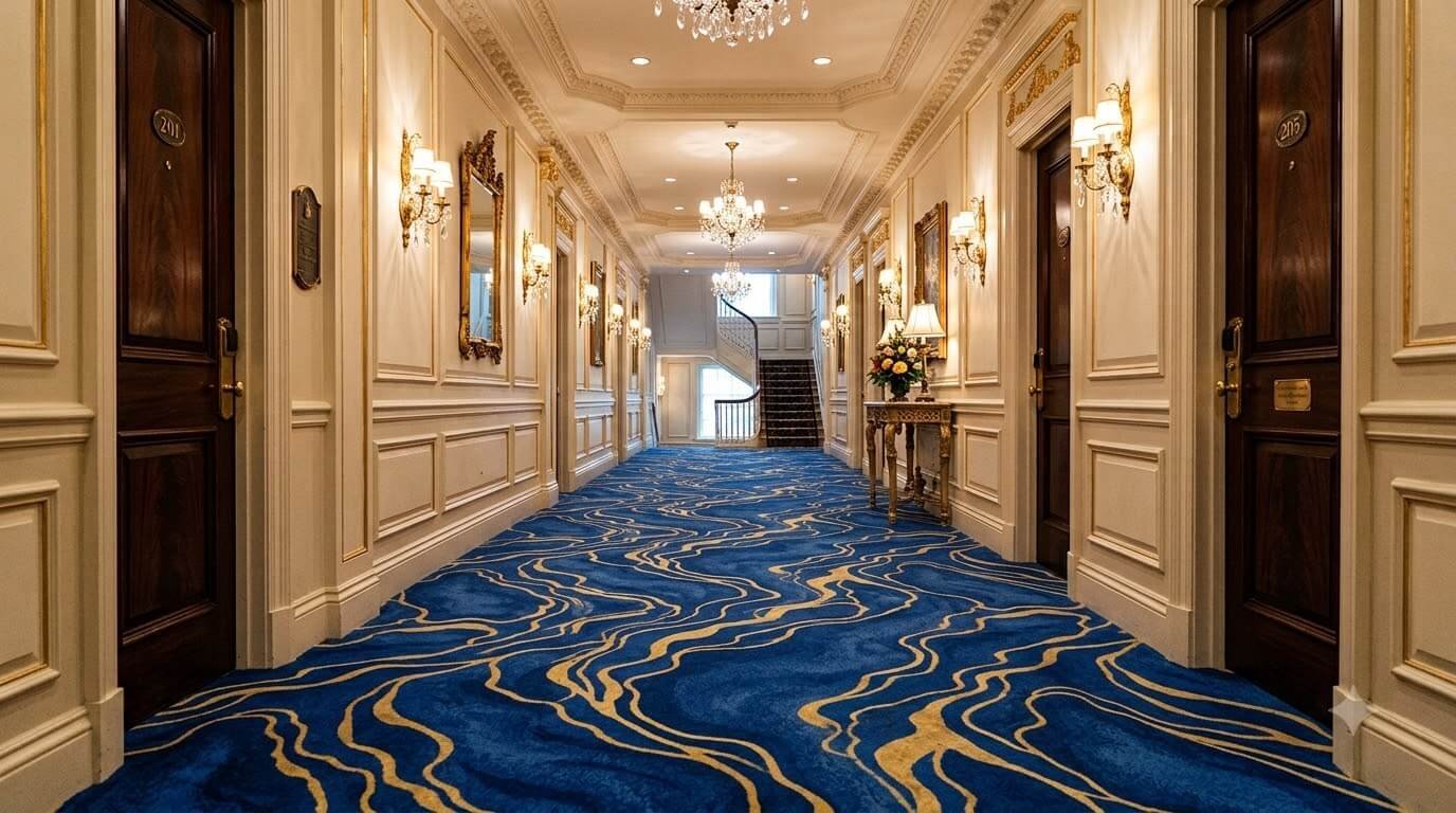 Hotel corridor with blue and gold event carpet installed in Dubai